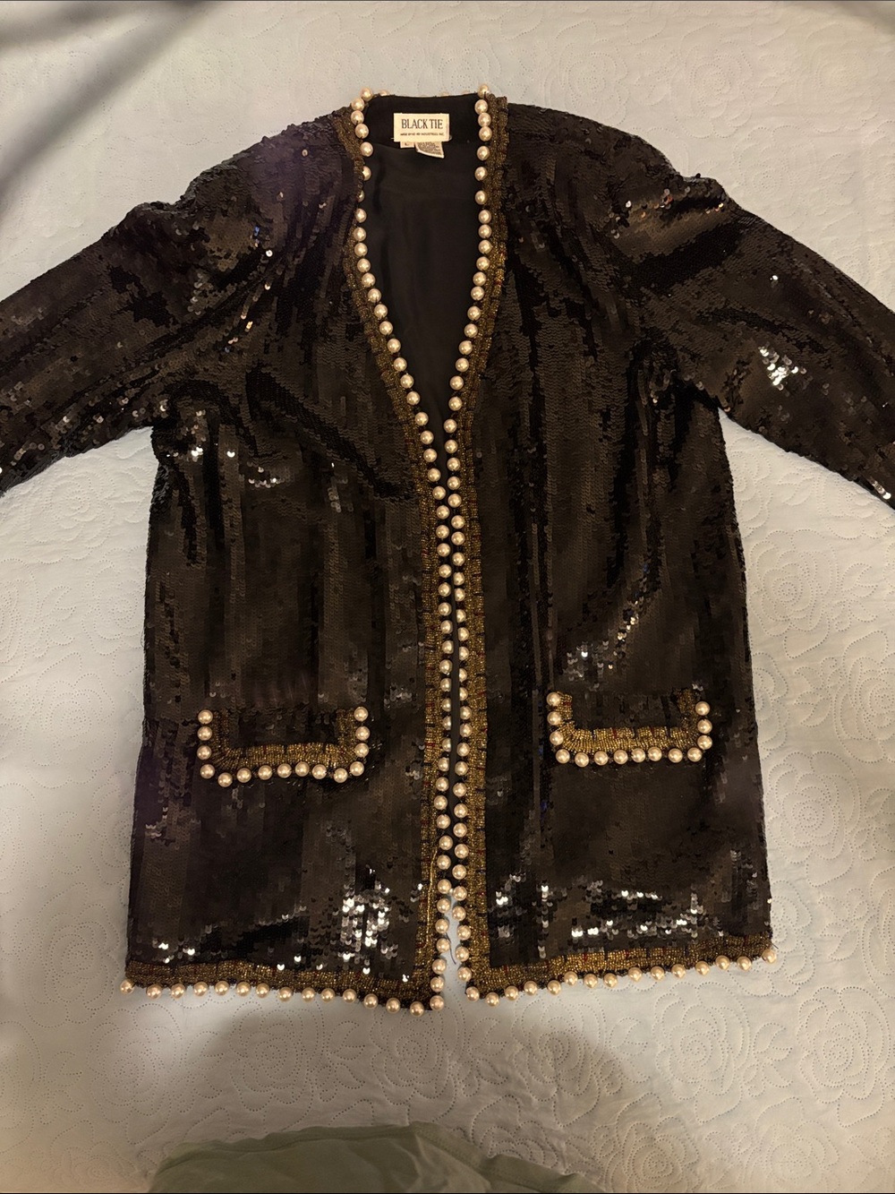 Gorgeous Black Tie Sequined Blazer With Pearls